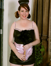 Sexy MILF in maid uniform makes guys jerk off looking at her