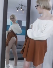 Joyful and attractive blonde with glasses is proud owner of hairy vagina
