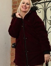 Outdoor galleries of long-legged blonde mom touching pussy near fence