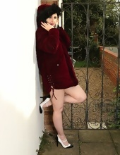 Outdoor galleries of long-legged blonde mom touching pussy near fence
