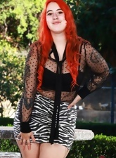 Chubby redhead shows hairy pussy in outdoor solo pictures