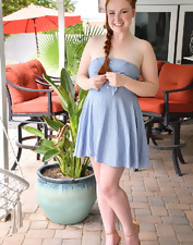 Redheaded girl with nice bush plays with herself a lot