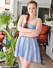 Redheaded girl with nice bush plays with herself a lot