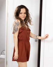 The bushy pussy of the short petite brunette is so sexy