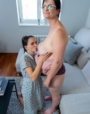 Lesbian photoshoot with a petite starlet and a mature slut