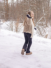 Nude duo with shaved pussy and small tits in bold spread pose