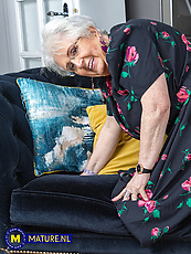 Granny nude solo tease with saggy tits and hairy pussy in spread pose