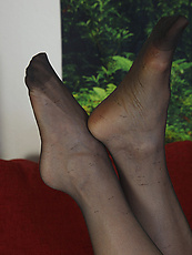 Mature naked tease shows natural tits and big booty in stockings