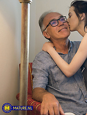 Raw mature tease with naked older man, babe, tits out, pussy out, spread pose